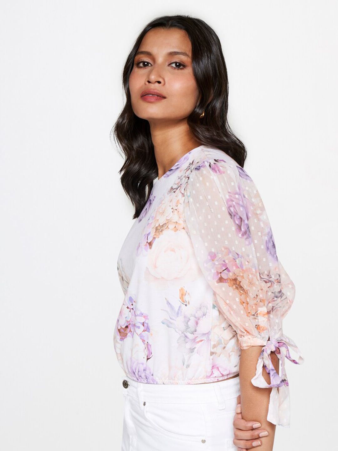 AND Floral Printed Puff Sleeve Croped Blouson Top