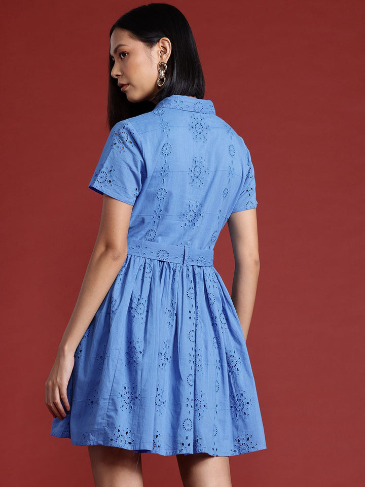 all about you Schiffli Pure Cotton A-Line Dress with Belt