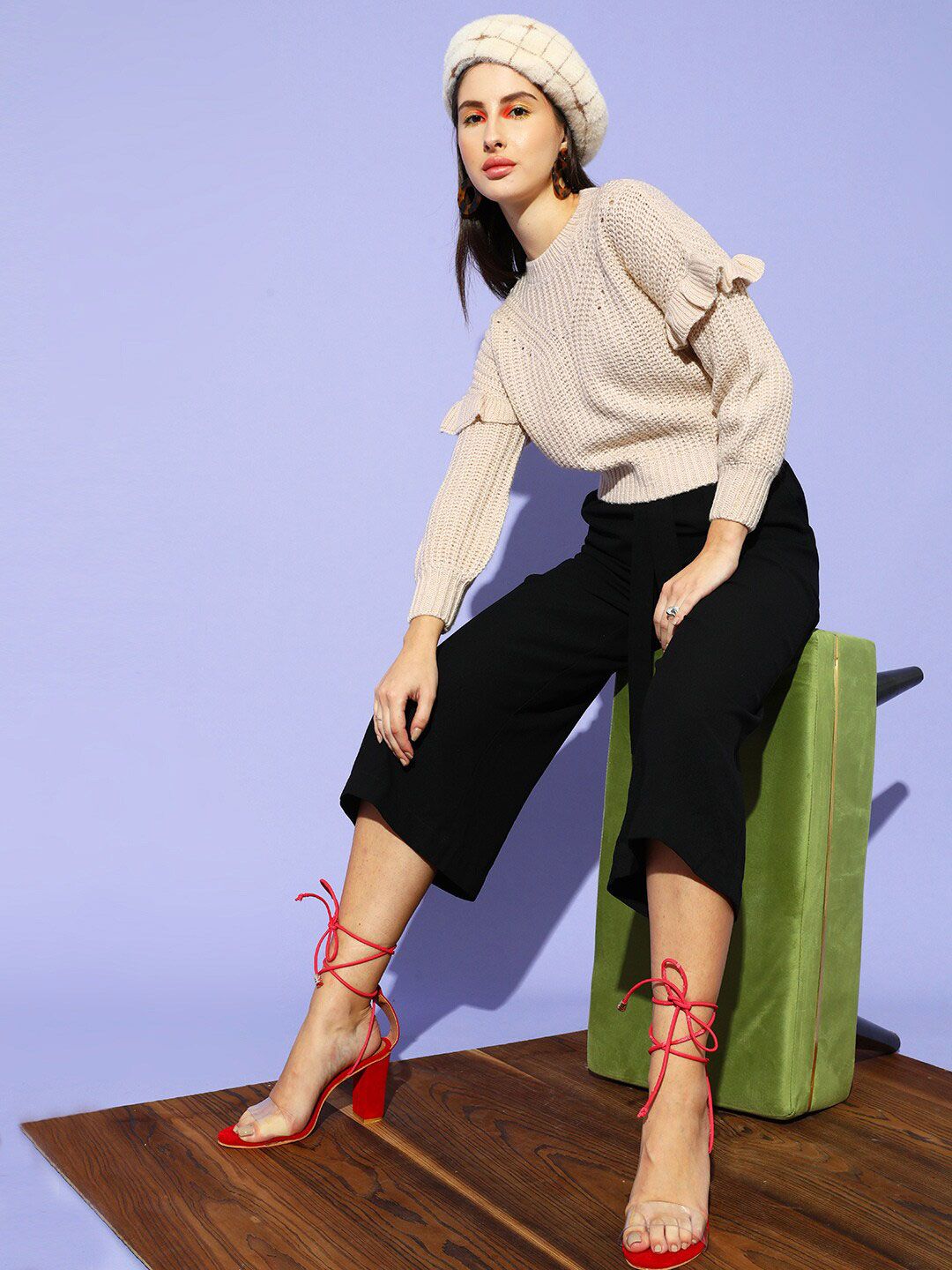 STREET 9 Women Beige Ribbed Round Neck Pullover