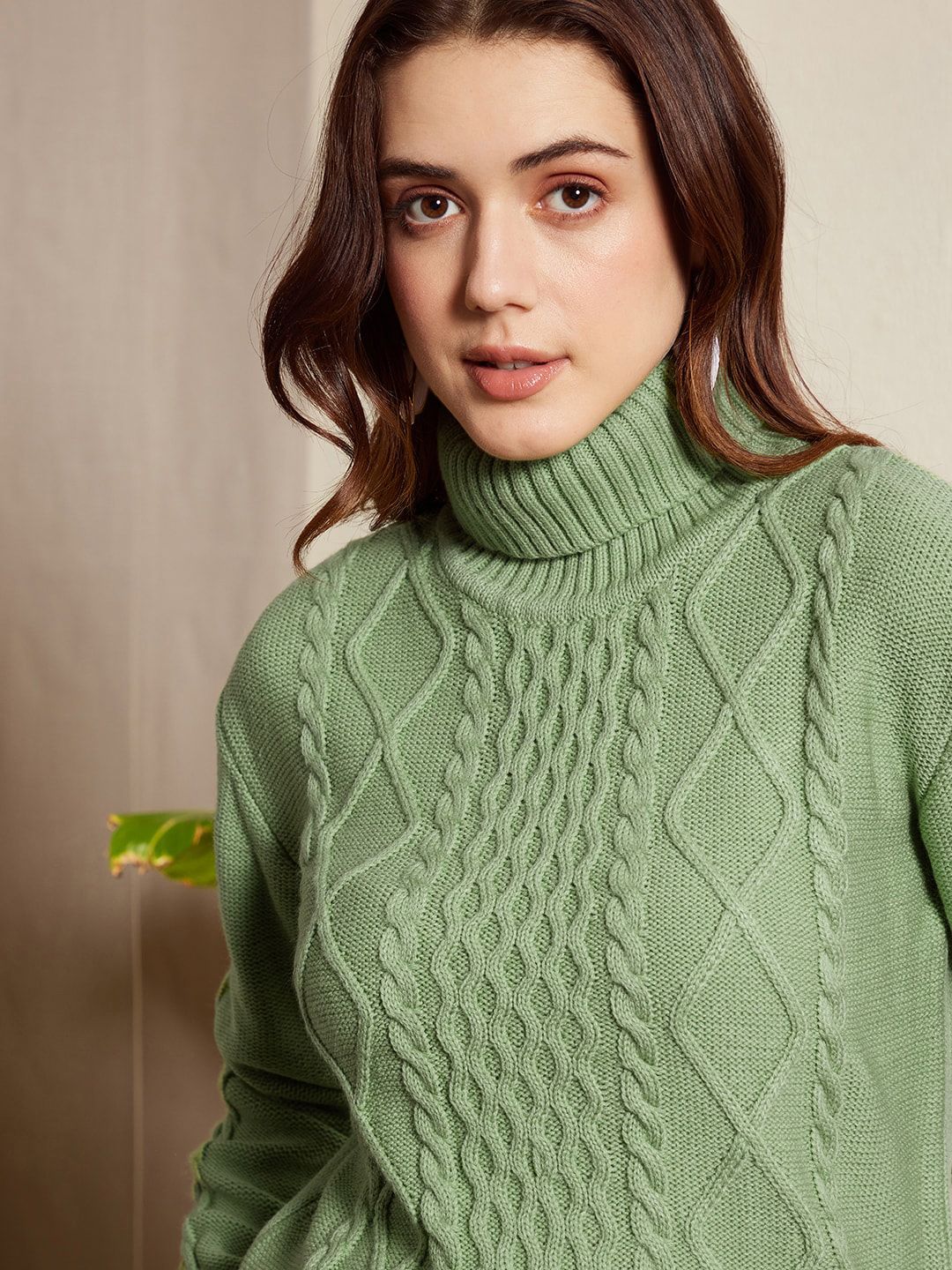 Berrylush Green Cable Knit Self Design Turtle Neck Acrylic Pullover Sweater