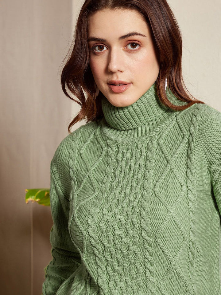 Berrylush Green Cable Knit Self Design Turtle Neck Acrylic Pullover Sweater