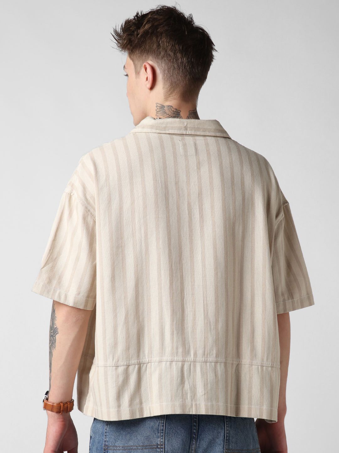 VASTRADO Men Striped Double Pocket Cotton Oversized Cropped Shirt