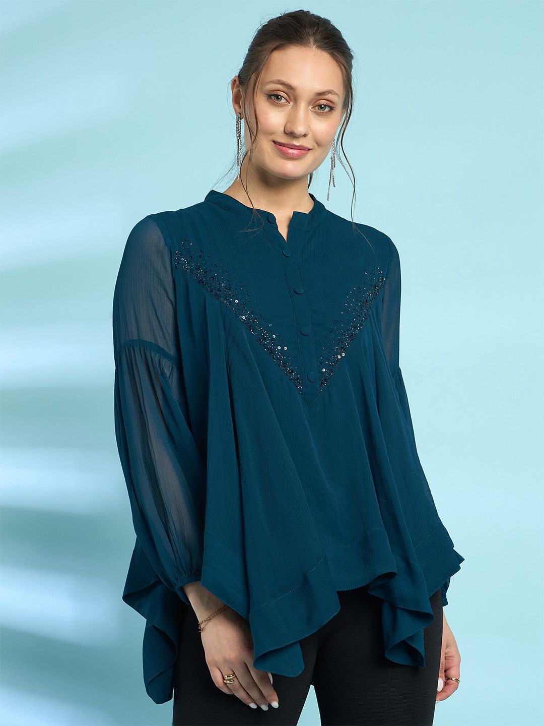 Antheaa Embellished Mandarin Collar Bell Sleeve Chiffon Top