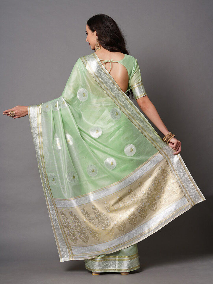 Saree mall Green & Silver-Toned Woven Design Silk Blend Banarasi Sarees