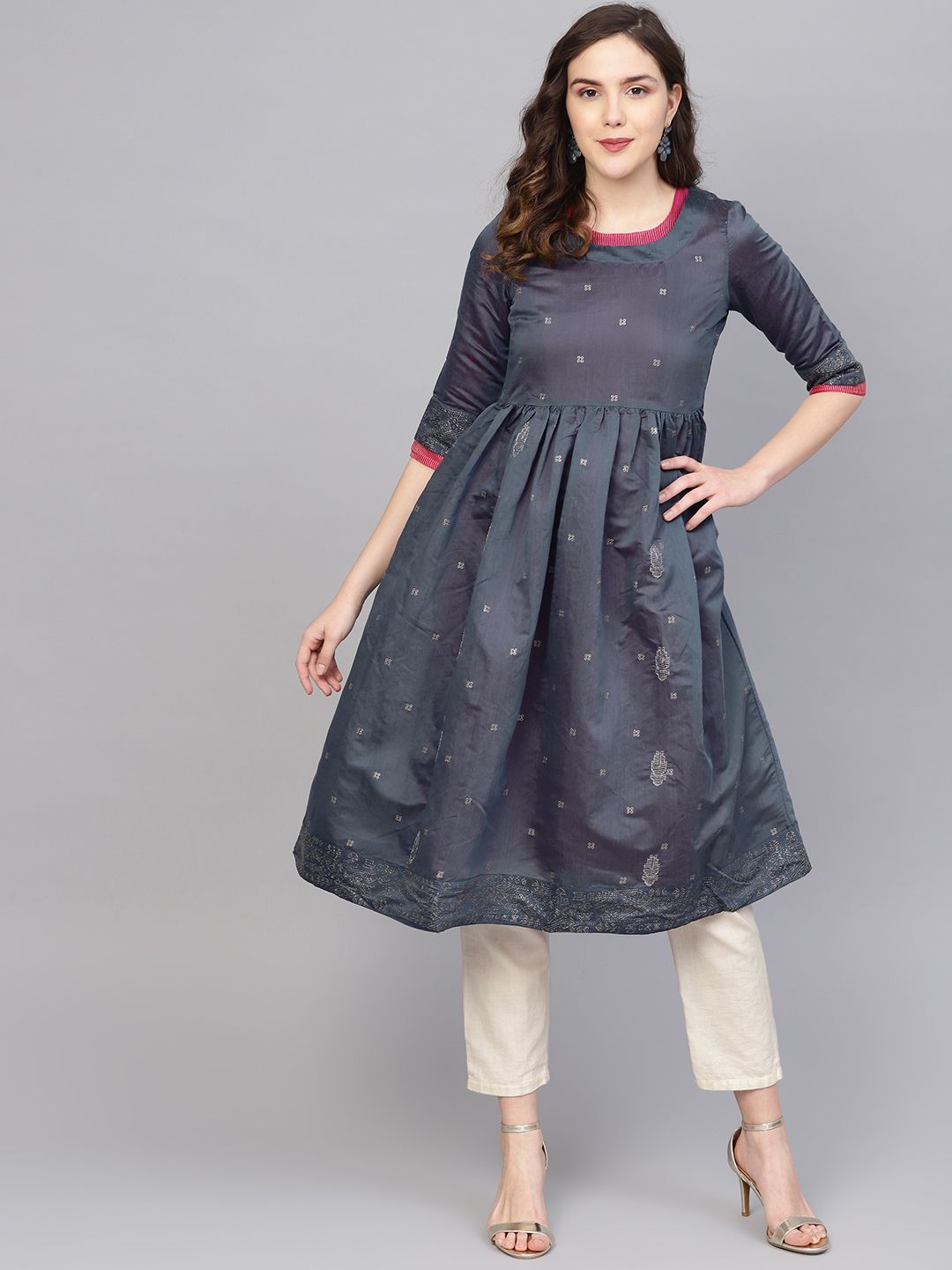 W Women Navy Blue Printed A-Line Kurta