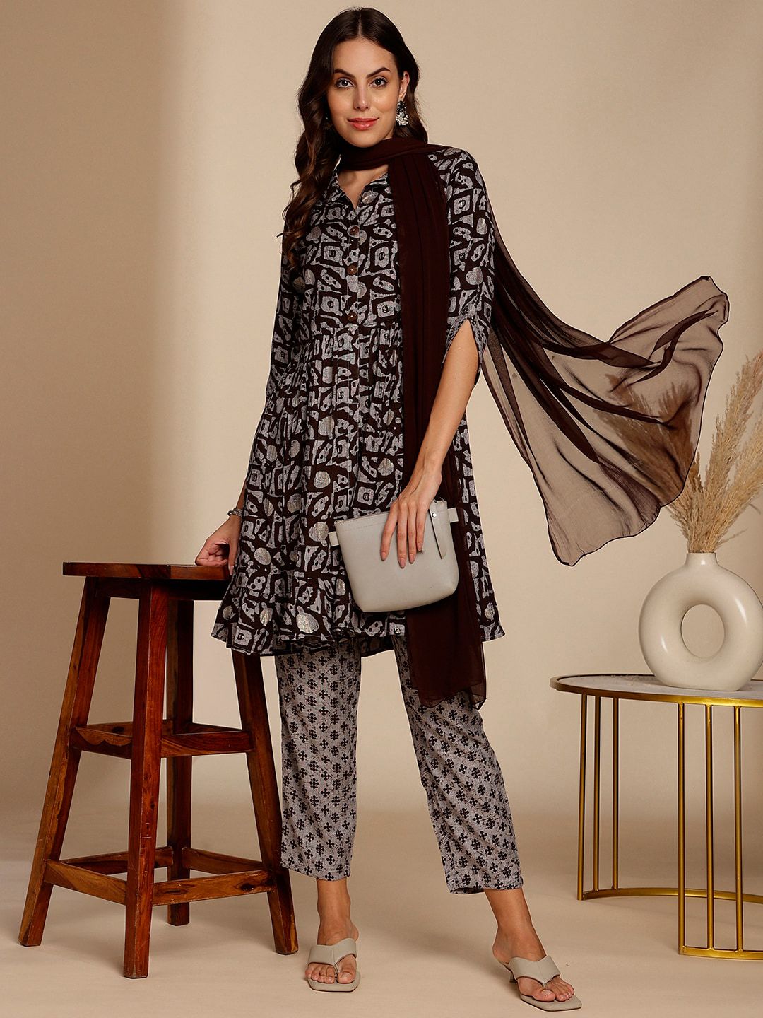 Anouk Brown Abstract Printed A-Line Kurta with Trousers & Dupatta