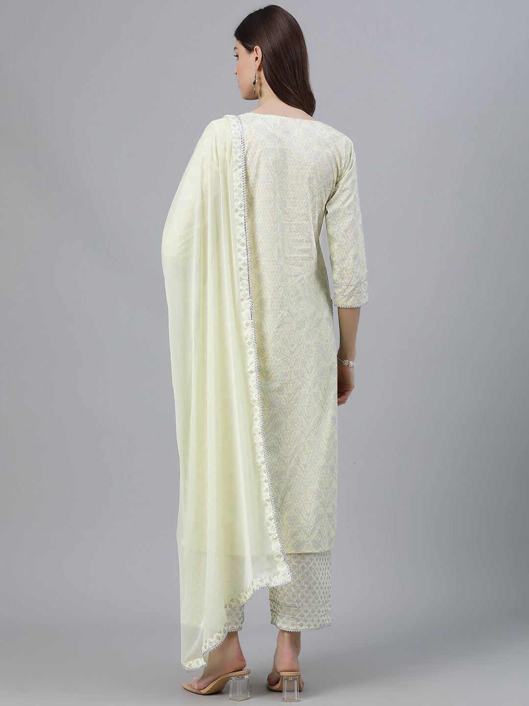 Libas Women Yellow & Silver-Coloured Cotton Printed Kurta with Palazzos & Dupatta