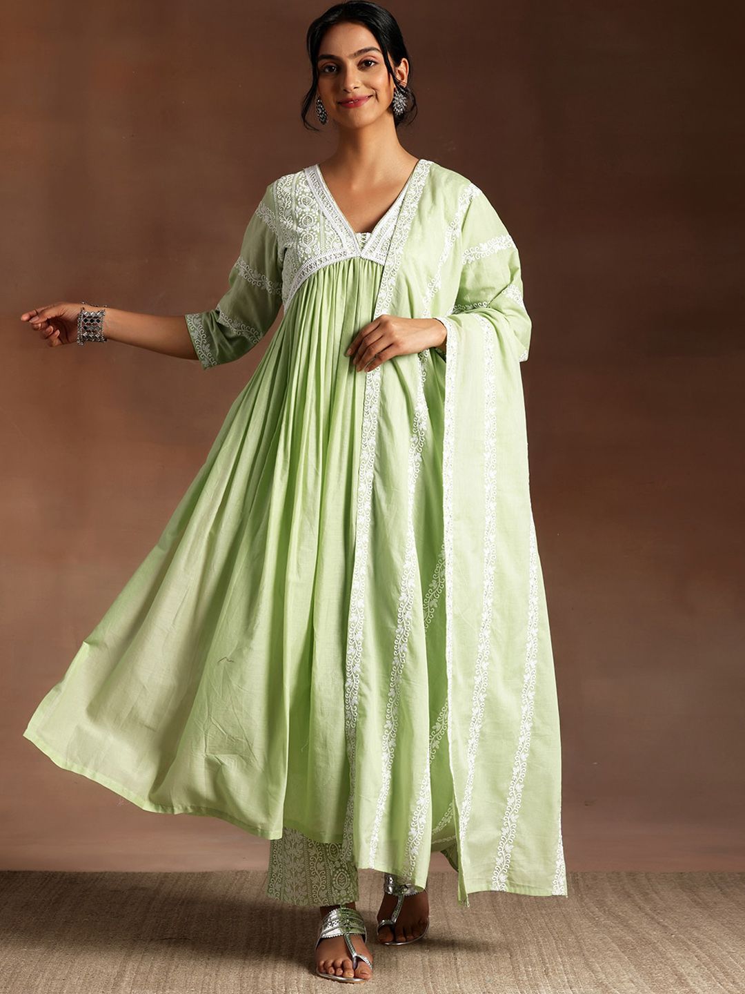 Libas Ethnic Motifs High Slit Thread Work Pure Cotton Kurta with Palazzos & Dupatta