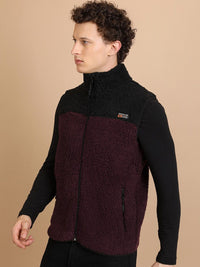 HIGHLANDER Black Self Design High Neck Sleeveless Front-Open Sweatshirt