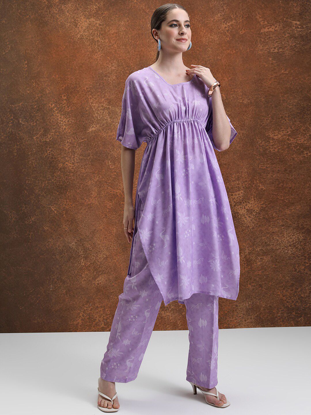 Vishudh Lavender Floral Printed Extended Sleeves Kaftan Tunic With Trousers