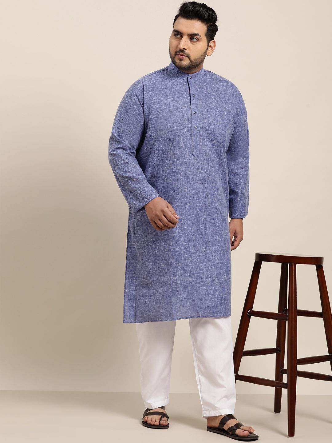 SOJANYA PLUS Lelaki Blue Woven-Design Kurta Lurus Dobby