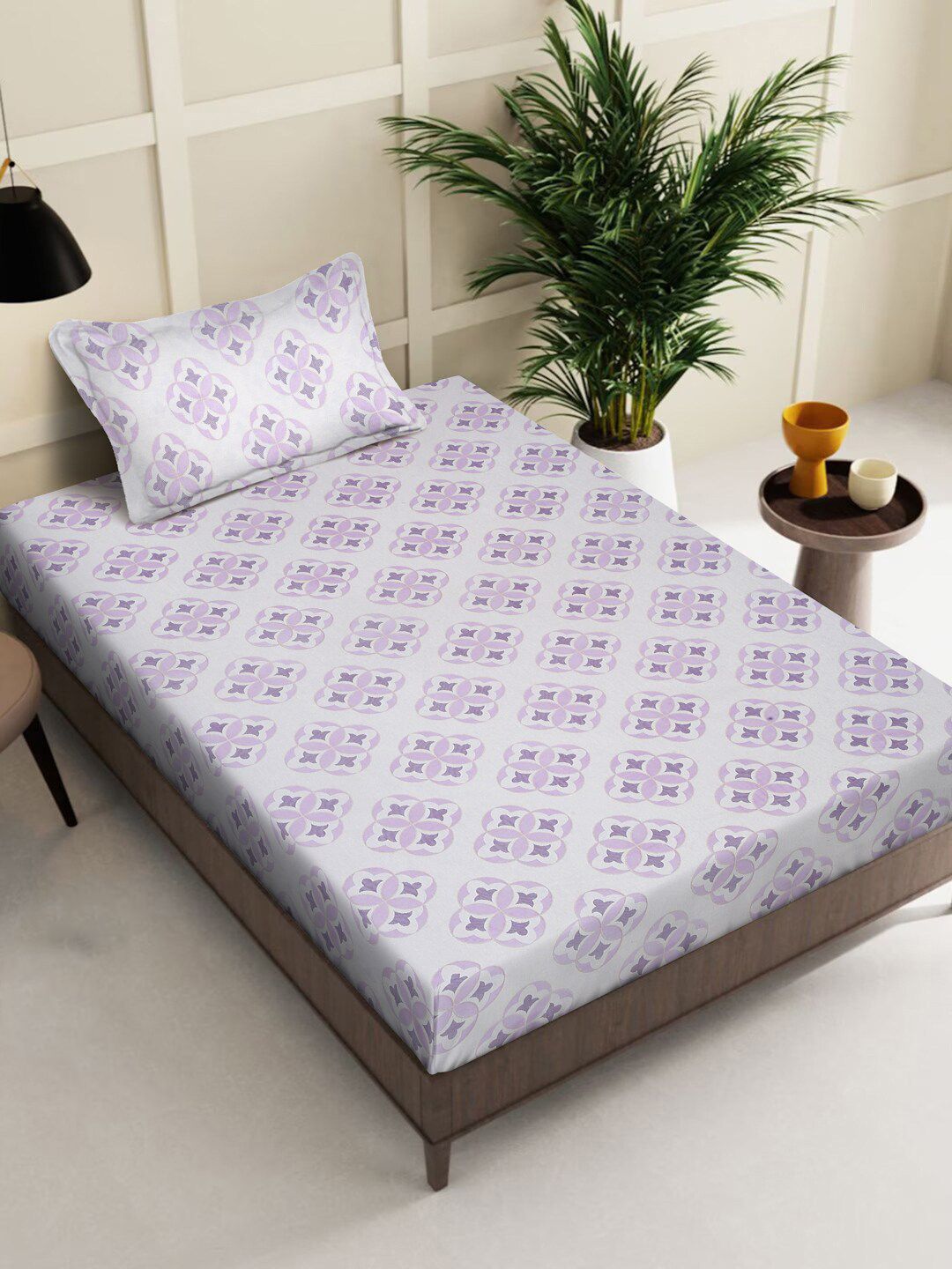 KLOTTHE Kelabu Kapas Bunga Bernafas 400 TC Dilengkapi Cadar Tempat Tidur Single Superfine dengan Sarung Bantal-59 x 89 inci