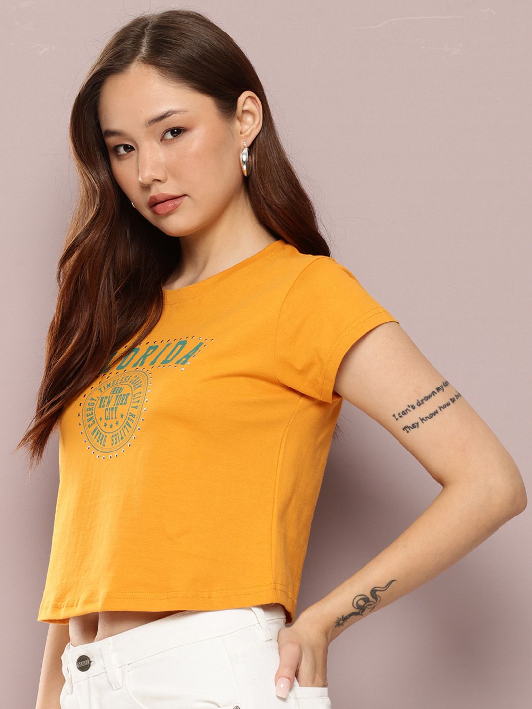 DILLINGER Women's Regular Cropped Stud & Printed Tshirt