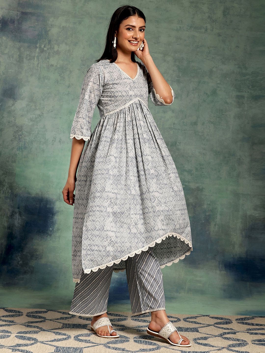 Libas Bandhani Printed Pleated Pure Cotton Kurta with Palazzos & With Dupatta