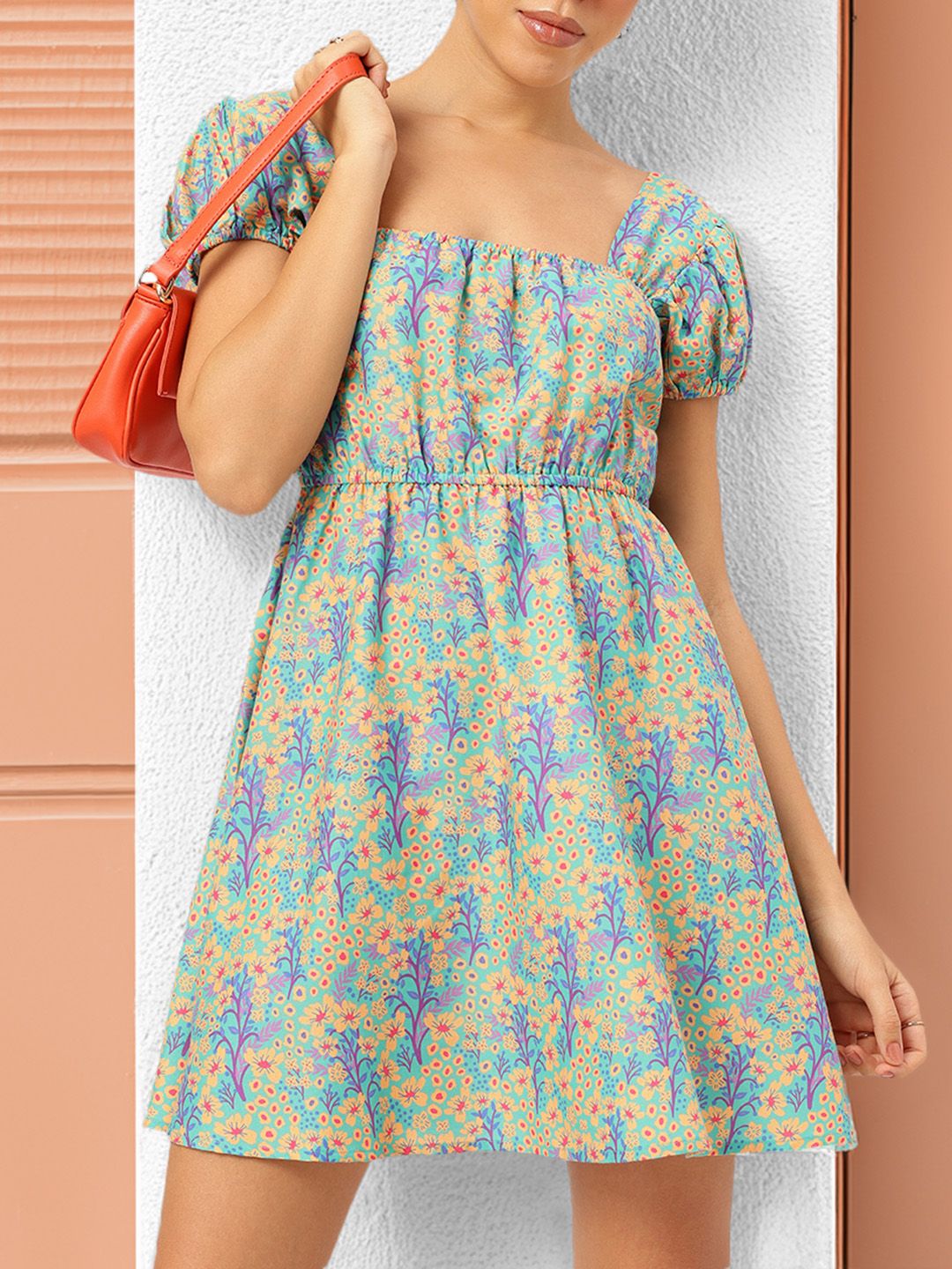DressBerry Floral Frenzy Square Neck Puff Sleeves Fit & Flare Dress