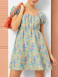 DressBerry Floral Frenzy Square Neck Puff Sleeves Fit & Flare Dress