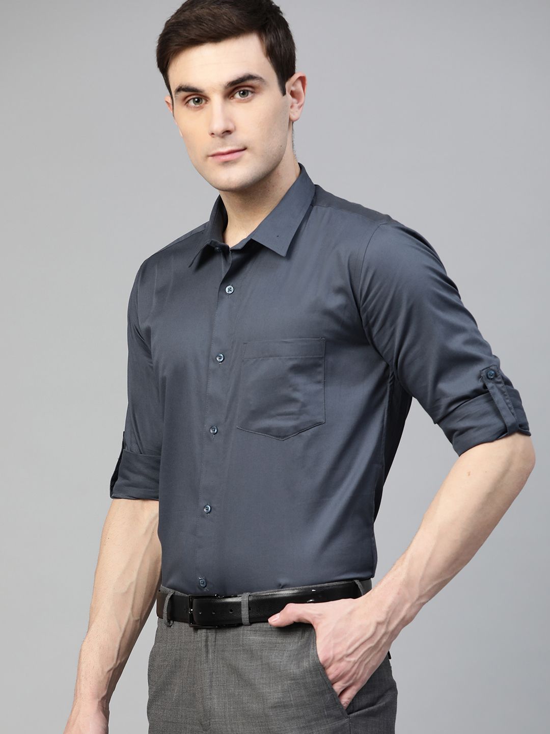 DENNISON Men Charcoal Grey Smart Slim Fit Solid Water & Stain Repellent Formal Shirt