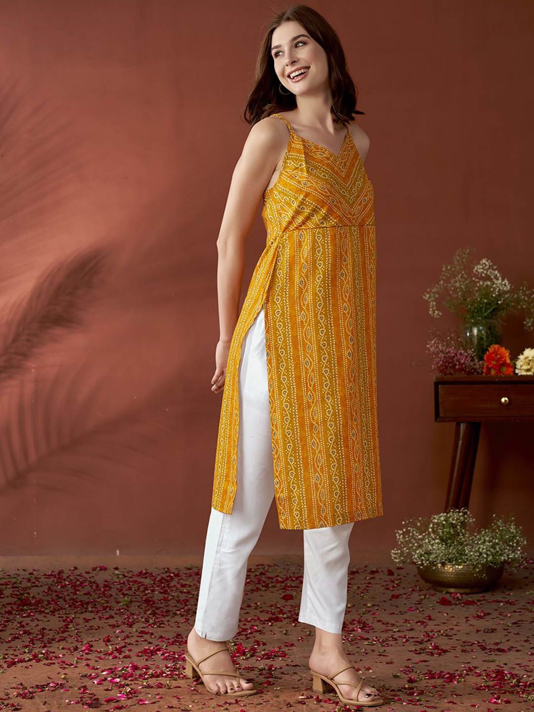 Anouk Mustard Yellow Bandhani Printed Shoulder Straps Straight Kurta