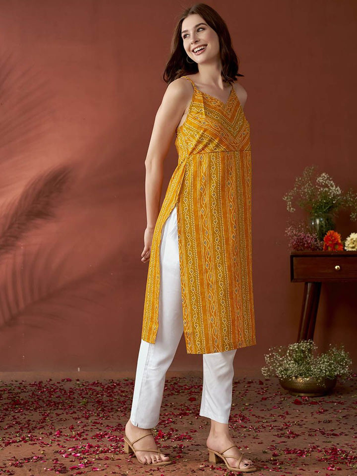 Anouk Mustard Yellow Bandhani Printed Shoulder Straps Straight Kurta