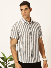 Thomas Scott Men Premium Vertical Stripes Cotton & Linen Casual Shirt