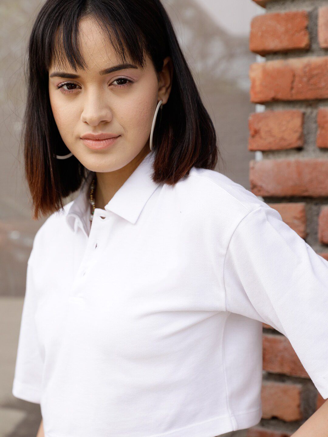 STREET 9 BASICS White Polo Collar Drop Shoulder Sleeves Crop Pure Cotton Oversized T-shirt