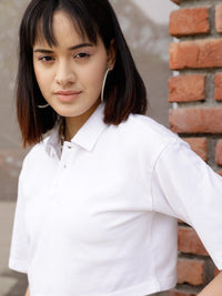 STREET 9 BASICS White Polo Collar Drop Shoulder Sleeves Crop Pure Cotton Oversized T-shirt