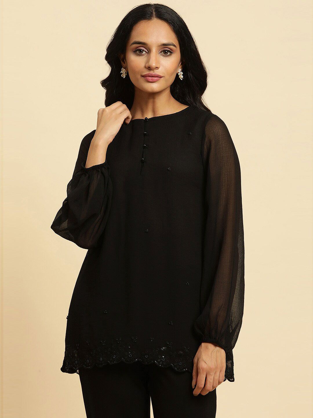 W Black Floral Embroidered Sequinned Longline Top
