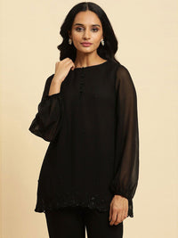 W Black Floral Embroidered Sequinned Longline Top