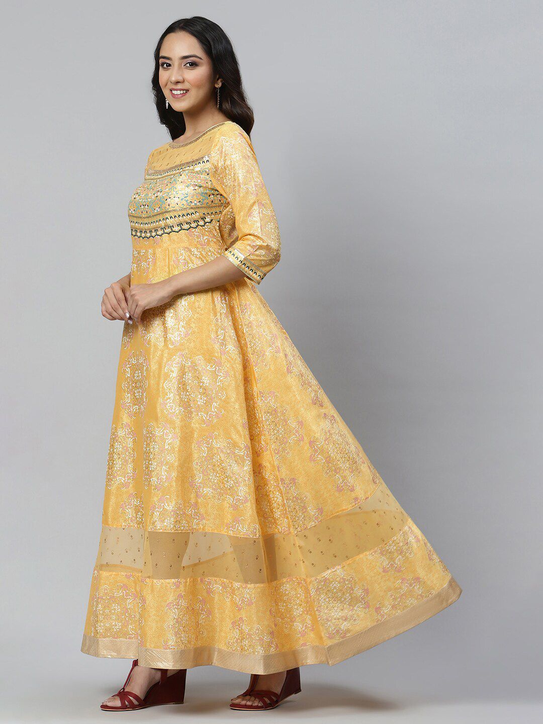 AURELIA Yellow Ethnic Motifs Satin Maxi Dress