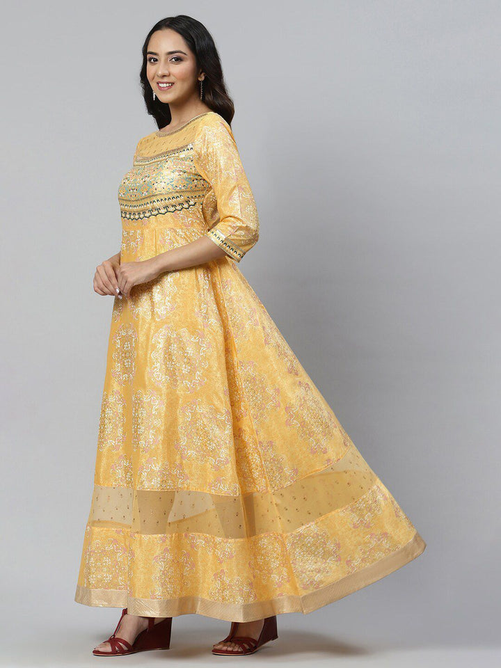 AURELIA Yellow Ethnic Motifs Satin Maxi Dress
