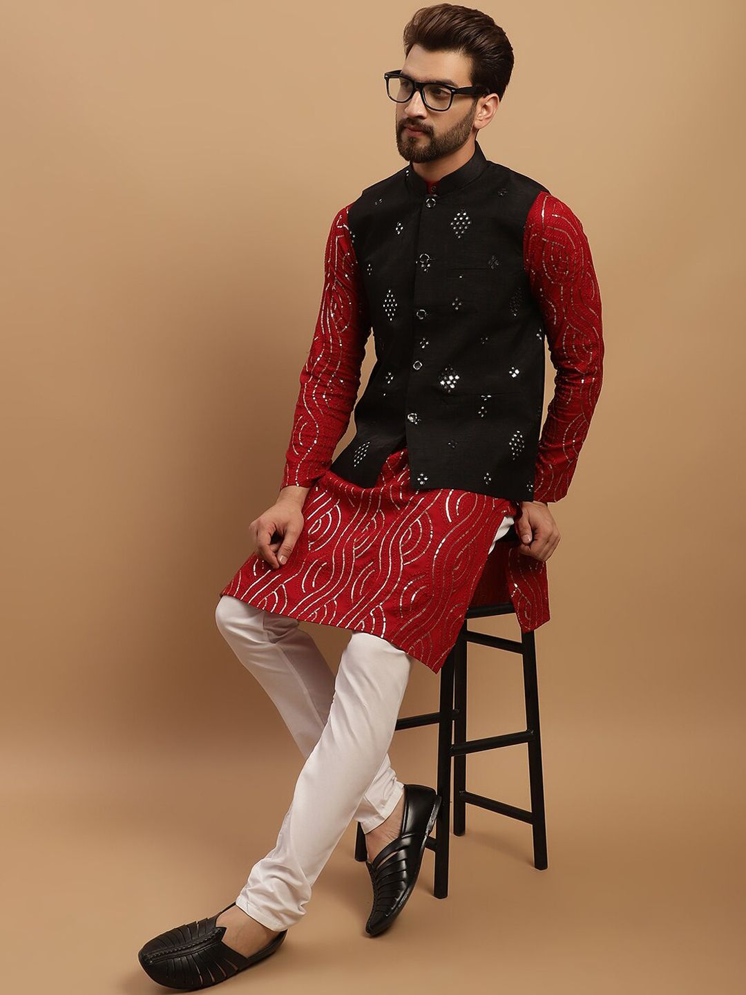 SOJANYA Embroidered Sequinned Pure Cotton Kurta with Churidar & Embellished Nehru Jacket