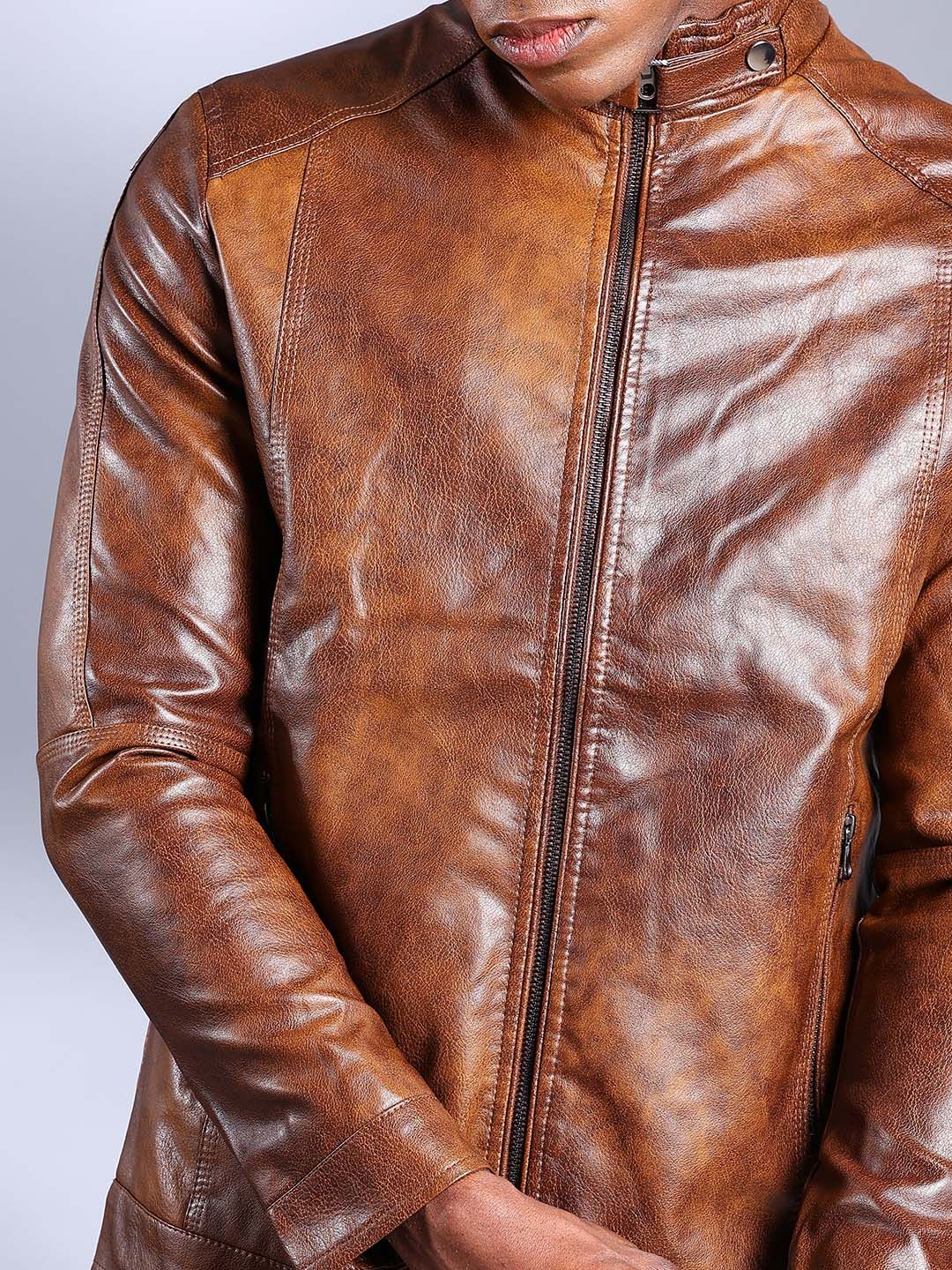 The Indian Garage Co Men Brown Solid Faux Biker Jacket