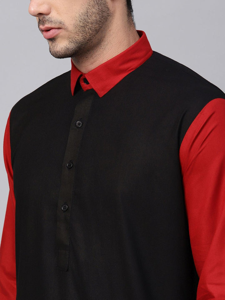 SOJANYA Lelaki Kurta Lurus Pepejal Hitam & Merah