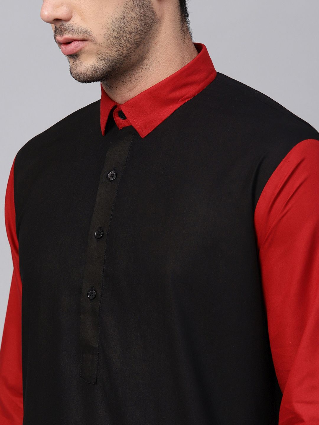SOJANYA Lelaki Kurta Lurus Pepejal Hitam & Merah