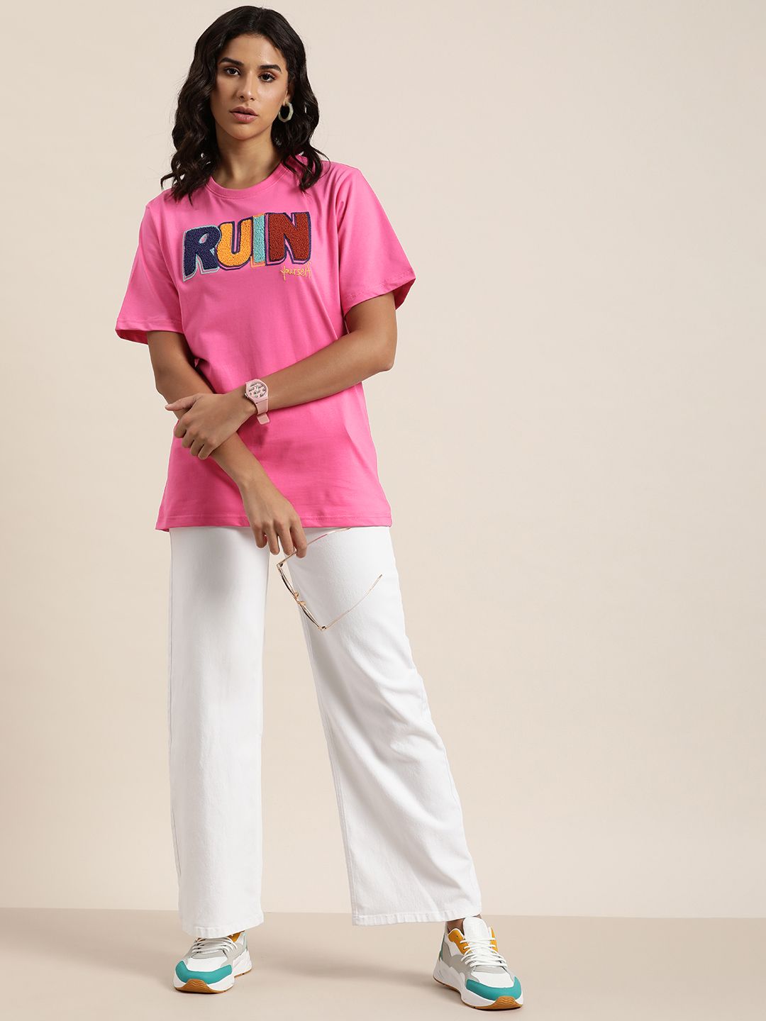 Difference of Opinion Typography Embroidered Oversized Pure Cotton Longline T-shirt