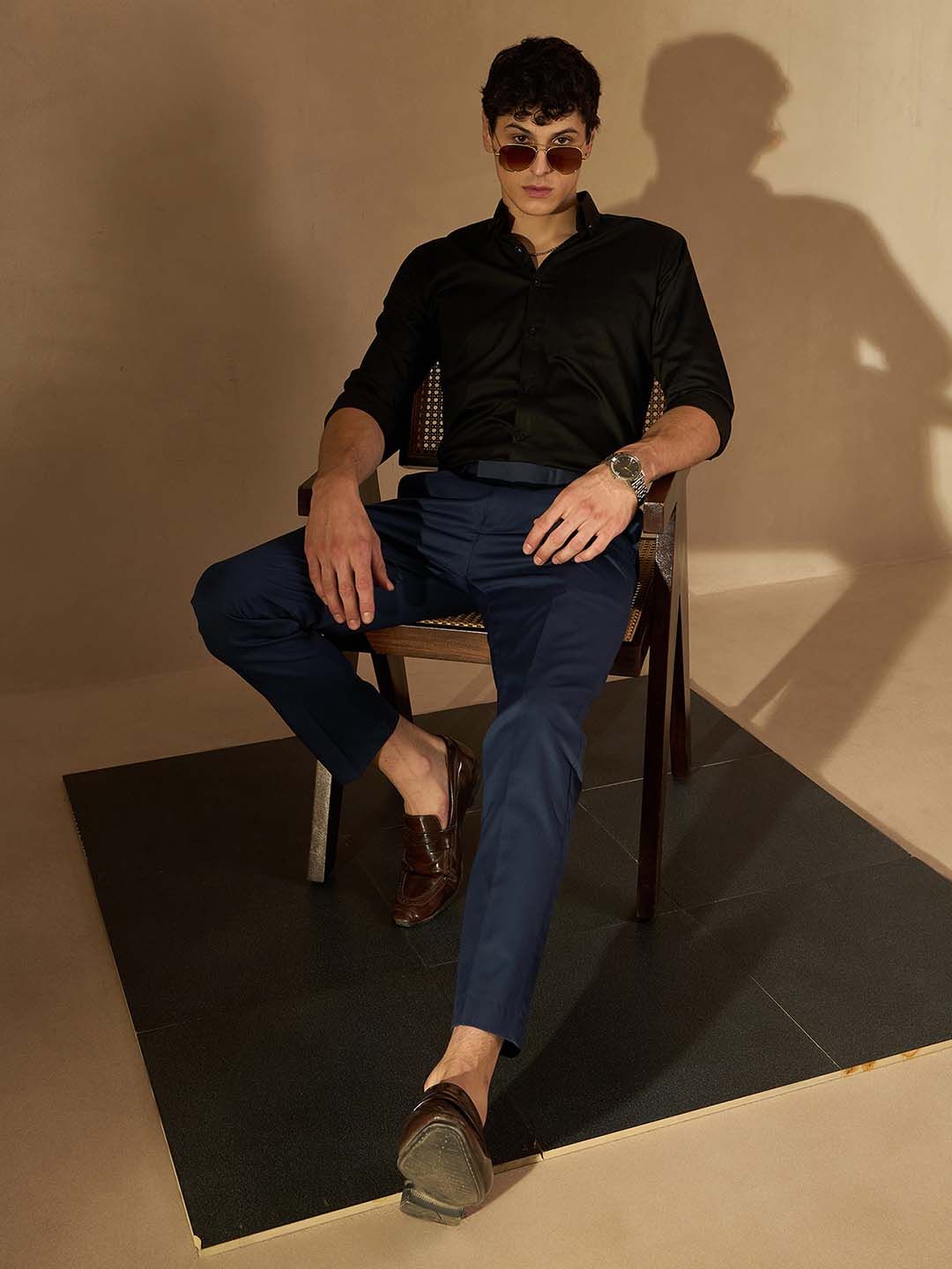 DENNISON Men Navy Blue Solid Smart Tapered Fit Easy Wash Pleated Cotton Formal Trousers