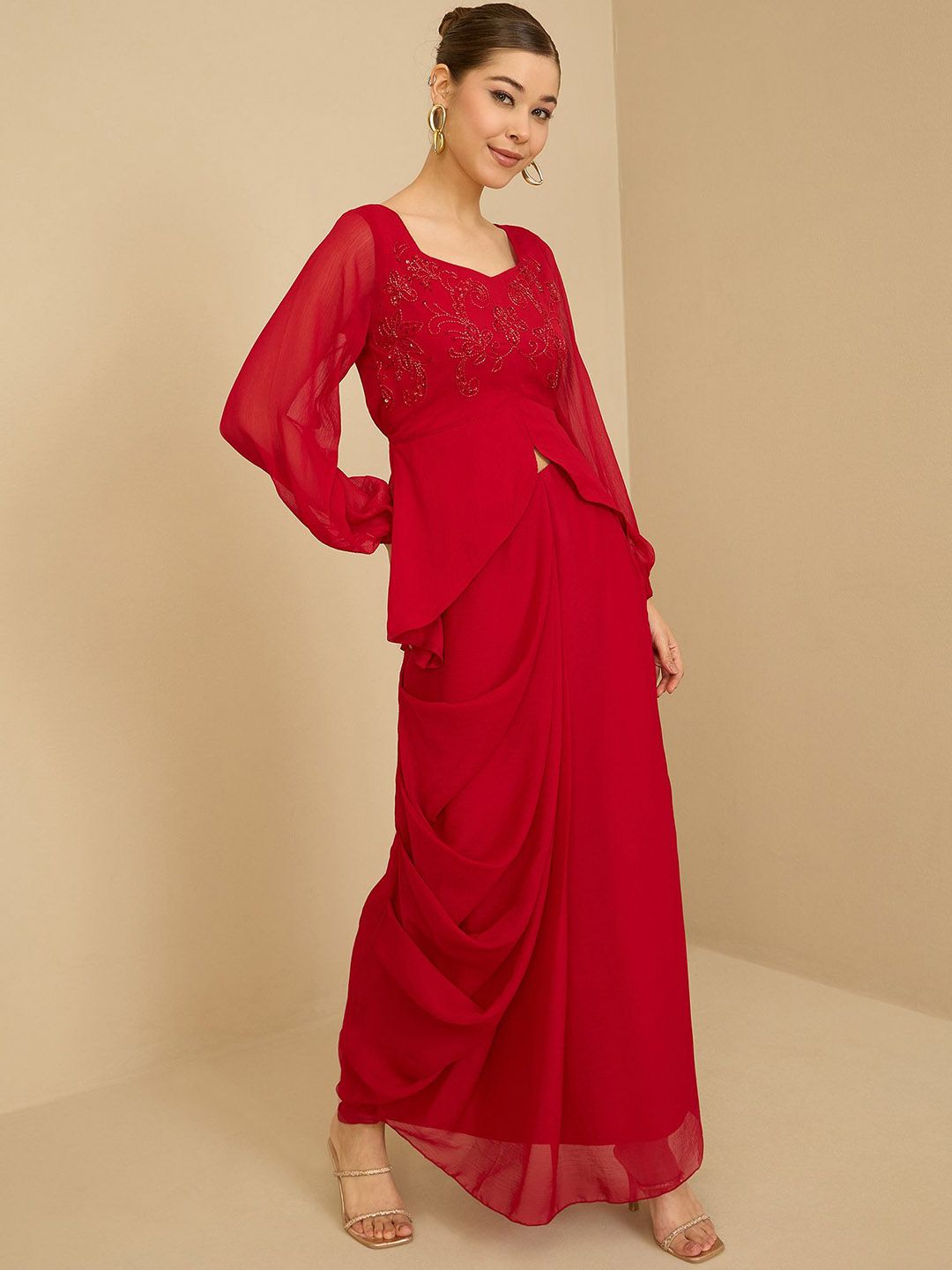 Antheaa Red Embellished Square Neck Top With Skirt
