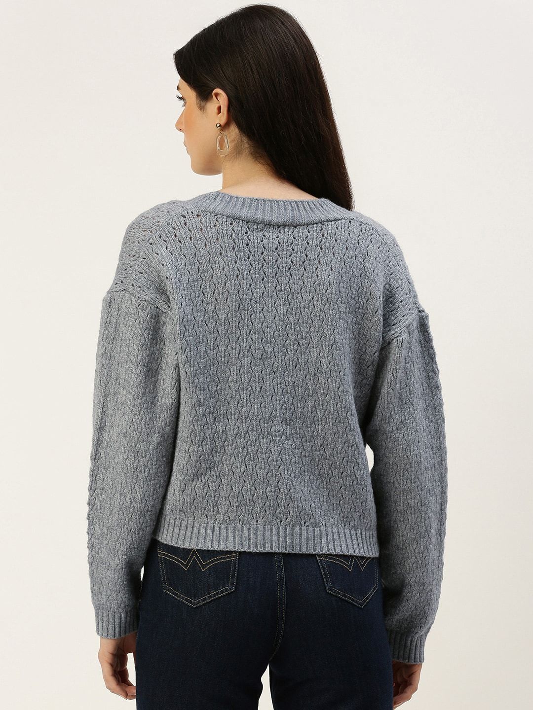 AND Self Design Knitted Drop Shoulder Sleeves Crop Top With Inner Slip