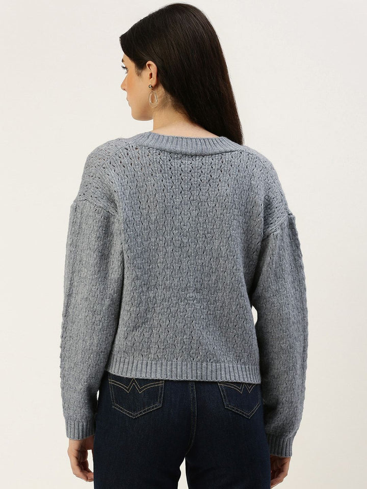 AND Self Design Knitted Drop Shoulder Sleeves Crop Top With Inner Slip