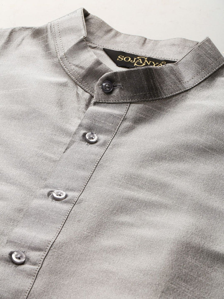 SOJANYA Men Grey & Mustard Yellow Kurta with Pyjamas & Woven Design Nehru Jacket