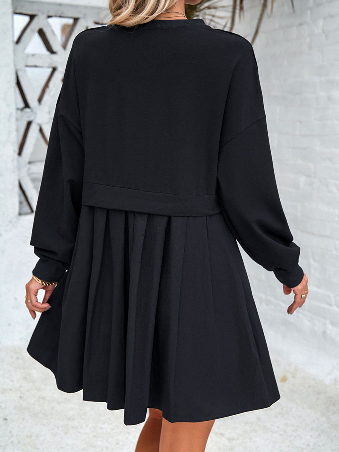 all about you Round Neck Cuffed Sleeves Pleated Cotton Fit & Flare Dress