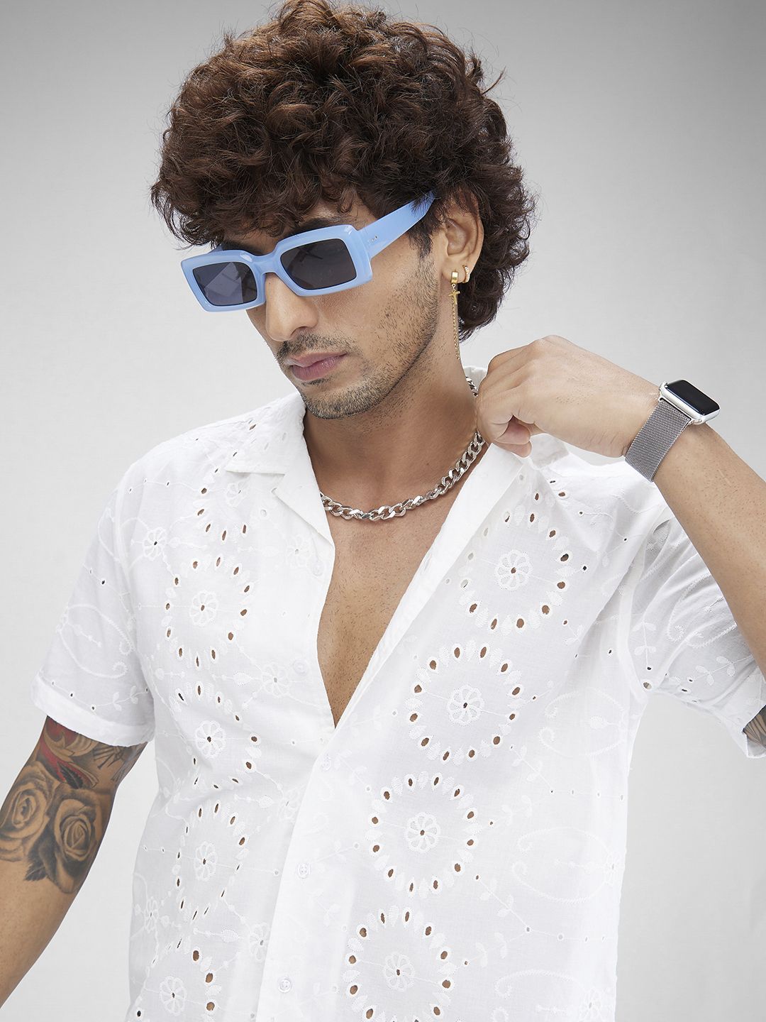 VASTRADO Classic Oversized Schiffli Floral Embroidered Cuban Collar Cotton Shirt