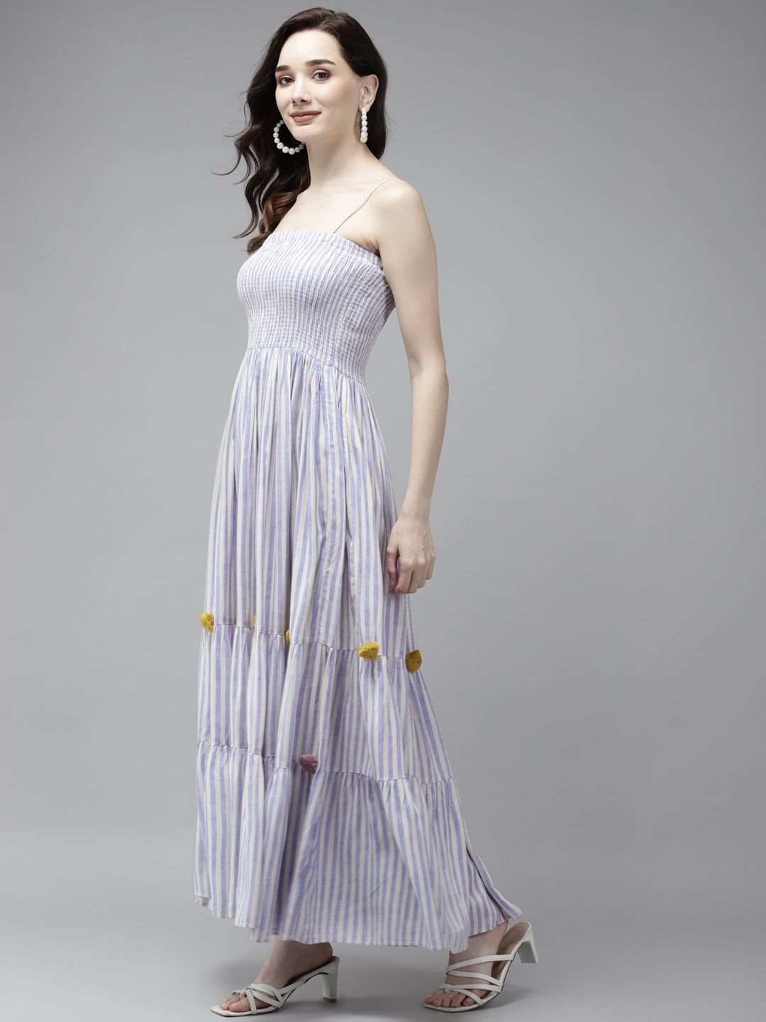 W Blue & Off White Striped Ethnic Maxi Dress with Jacket