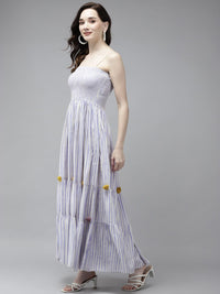 W Blue & Off White Striped Ethnic Maxi Dress with Jacket