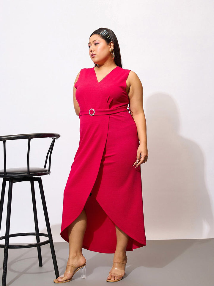 SASSAFRAS Curve Plus Size V-Neck Sleeveless Midi Wrap Dress With Belt