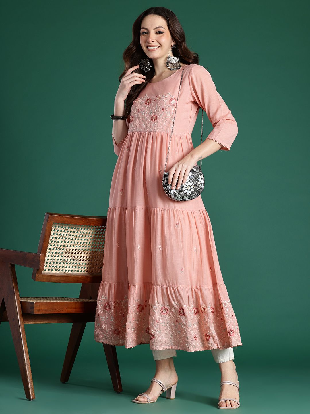 Indo Era Floral Embroidered Thread Work Pure Cotton Anarkali Kurta
