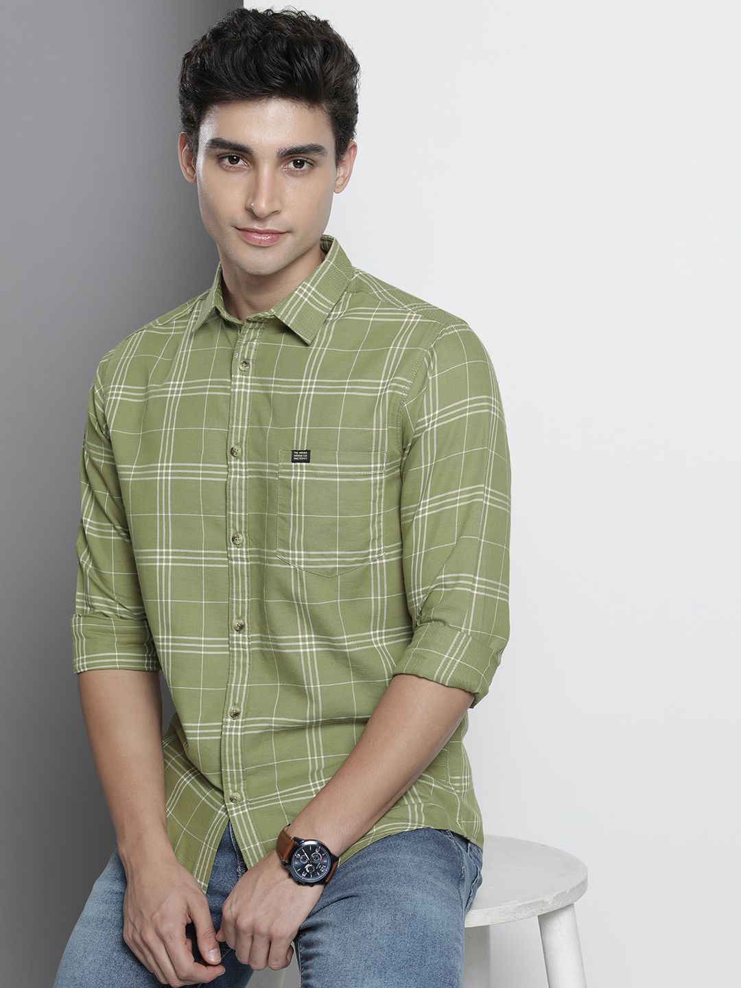 The Indian Garage Co Men Green & White Pure Cotton Checked Casual Shirt