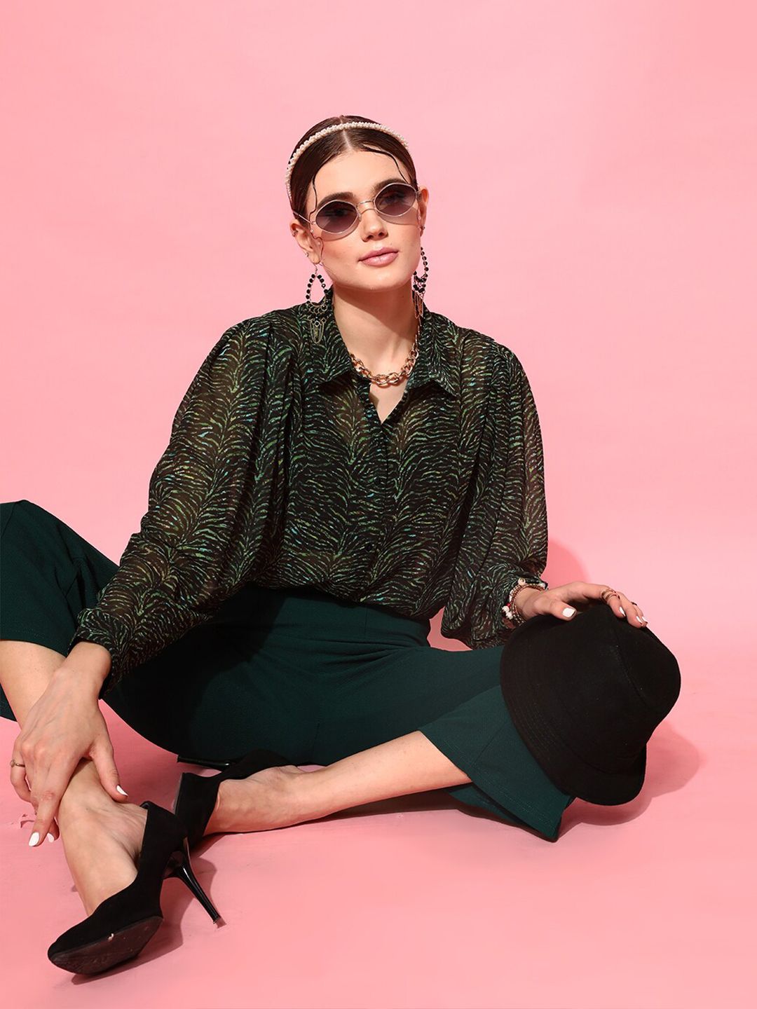 STREET 9 Women Green Comfort Boxy Sheer Printed Casual Shirt