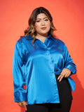 SASSAFRAS Curve Blue Comfort Spread Collar Opaque Satin Casual Shirt