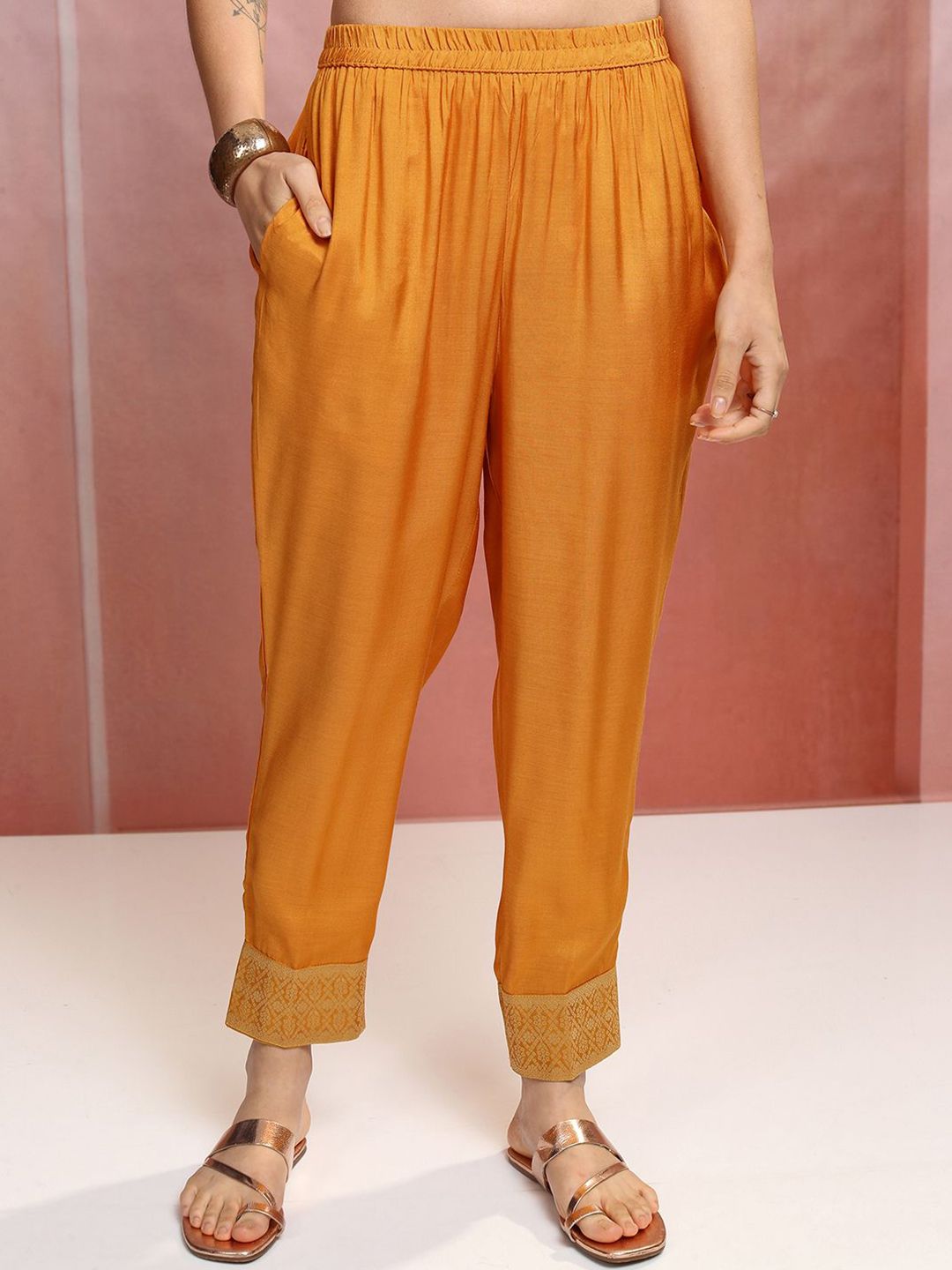 Vishudh Mustard Yellow Ethnic Motifs Embroidered Straight Kurta & Trousers With Dupatta